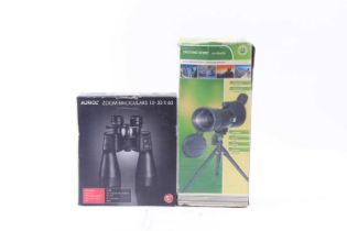 Auriol zoom binoculars 10-30 x60, boxed, together with an Adventuridge spotting scope 20-60 x60,