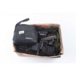 Large box of accessories inc. air pistol and rife parts, Tracer gunsight, binoculars, etc.