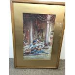 A framed watercolour of figures at a Hindu temple,