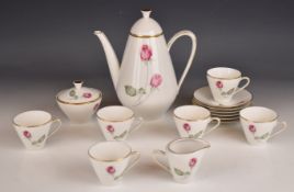 Hutschenreuther tea set decorated with pink roses, fifteen pieces, tallest 22cm