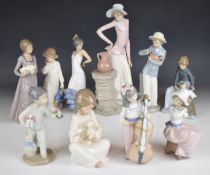 Ten Lladro / Nao figures including flamenco dancer, cellist, girl with urn etc, some boxed,