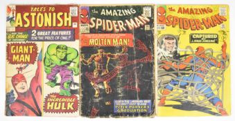 Three Silver Age Marvel comics comprising The Amazing Spider-Man #25, #28 and Tales to Astonish #60.