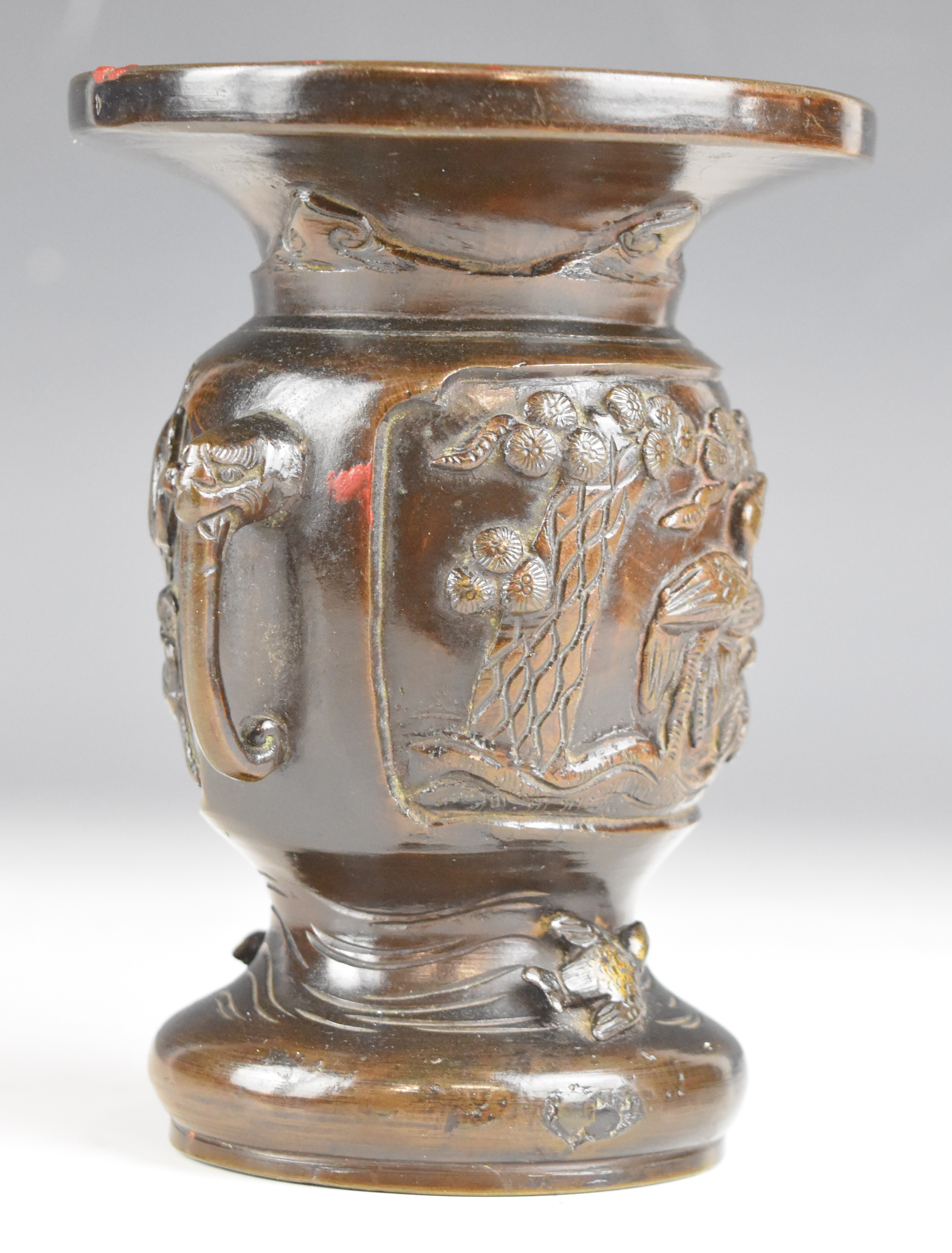 Chinese twin handled bronze vase with bird decoration, 13.6cm tall. - Image 3 of 6