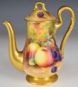 Royal Worcester painted fruit coffee or teapot decorated with peaches, grapes and blackberries,
