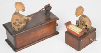 Two Japanese Kobe mechanical carved wood toys / dolls, tallest 12cm