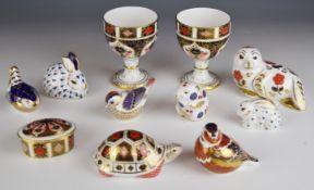 Royal Crown Derby Imari paperweights, trinket boxes and goblets including 1128 pattern, tallest