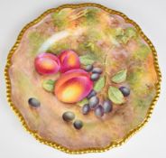 Royal Worcester painted fruit cabinet plate with gadrooned and gilded rim, signed Townsend, diameter