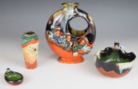 Four Japanese Sumida Gawa pottery items comprising vases, bowl and pin tray with decoration, tallest