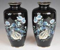 Pair of Japanese cloisonné vases with decoration of partridge or quail amongst foliage, H18.5cm