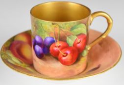 Royal Worcester painted fruit coffee can and saucer decorated with peaches, grapes and cherries,