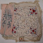 Chinese embroidery piano shawl, robe, handbag etc, the shawl 160 x 160cm