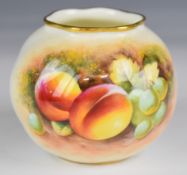 Royal Worcester painted fruit squat vase signed Roberts, H7cm