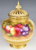 Royal Worcester painted fruit pot pouri, cover and outer pierced lid decorated with peaches, grapes,