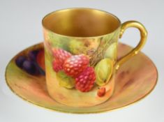Royal Worcester painted fruit coffee can and saucer decorated with peaches, cherries, blackberries