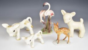 Art Deco and later animal and bird figures including Keramos flamingos, Midwinter Peggy the calf