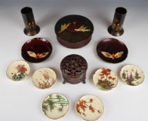 Collection of Japanese lacquer ware and six Satsuma dishes, tallest 13cm