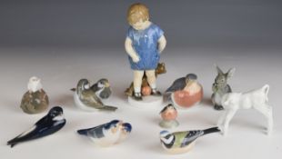 Copenhagen porcelain animal, bird and child figures and a Meissen lamb