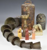 Chinese / Tibetan brass / bronze bells, mask finial, figural seals etc, tallest 60cm