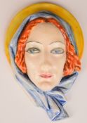 Rudolph Podany for Keramas signed Art Deco mask wall plaque impressed, verso 975, H10.5cm