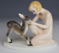 Goldscheider Art Deco figurine of a nude girl with fawn, impressed and printed marks to base 7918,