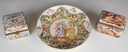 Capodimonte / Naples boxes and charger with figural relief moulded and applied flower decoration,