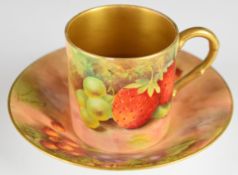 Royal Worcester painted fruit coffee can and saucer decorated with strawberries, cherries,