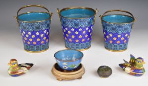 Chinese cloissonné set of three graduated pails or jardinieres, ducks and a bowl etc., tallest 15cm