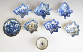 A collection of transfer printed 18th/19thC blue and white pickle dishes and a Salopian/Caughley