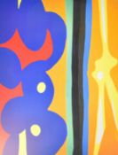 Ernst Wilhelm Nay abstract printed poster on hardboard, titled Blaufiguration and dated 1968 lower