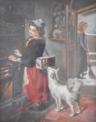 19th century oil on canvas woman warming her hands by a range with ferret in a box over her shoulder