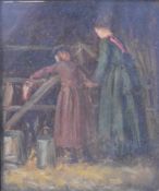 19th / 20thC Impressionist painting of a young woman inspecting a cow in a byre, monogrammed WDM