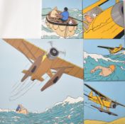 Herge – Tintin group of five colour prints on canvas including images of Tintin and Snowy aboard a