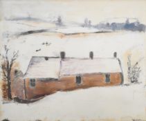 Attributed to Peter Brook (1927-2009) gouache cottage in snowy landscape, 30.5 x 36cm, in part