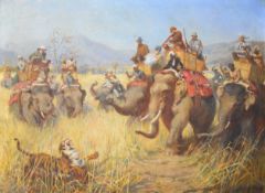 Herbert Johnson 19th century oil on canvas 'HRH The Prince of Wales Tiger Hunting 1883', Indian or