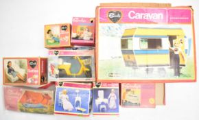 Nine Pedigree Sindy playsets, accessories and vehicles to include Motorcycle, Caravan, Settee, Chest