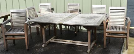 Teak extending garden table with slatted top and parasol hole 180cm - 241cm extended, height 75cm,