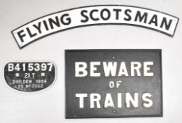 Three cast iron railway interest plates comprising beware of trains, width 51cm, Shildon 1954 21T