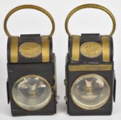 Pair of Merryweather & Sons Fire Engine Makers of London brass and black painted oil lamps,