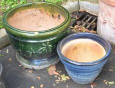 Two glazed jardinières / garden planters with raised floral decoration, largest D54 x H40cm
