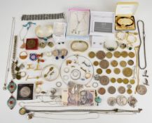 A collection of jewellery, some silver including three pairs of earrings, three rings, two Pandora