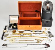 A collection of jewellery including silver cross and chain, watches, pearl pendant in original