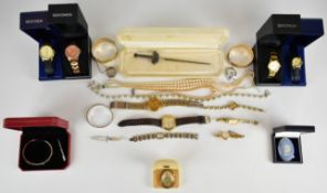 A collection of jewellery including Wedgwood brooch, two 9ct gold plated bangles, Sekonda watches in