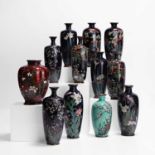 A collection of twelve Japanese small cloisonné vases,