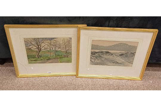 2 FRAMED WATERCOLOURS OF HIGHLANDS INDISTINCTLY SIGNED 27 CM X 38 CM