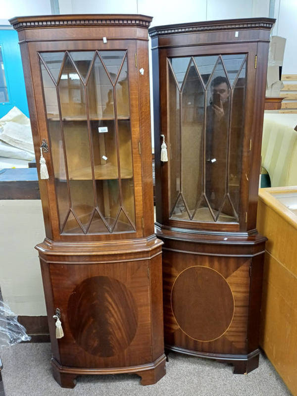 INLAID MAHOGANY CORNER CABINET WITH SINGLE ASTRAGAL GLASS PANEL DOOR OVER PANEL DOOR & ONE OTHER