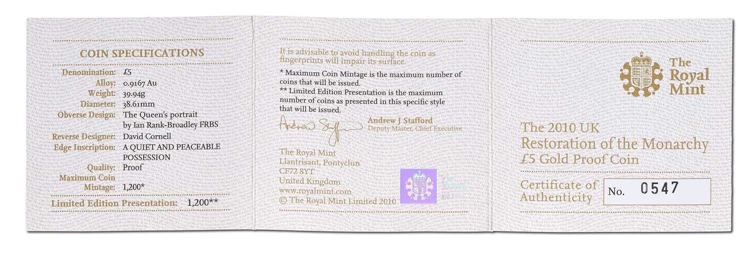 UK, Gold Proof Five Pounds 2010, Restoration of The Monarchy edition, struck to commemorate the - Image 4 of 7