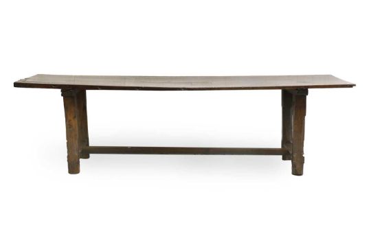 A Walnut Plank-Top Refectory-Style Dining Table, the removable top on square chamfered legs joined - Image 1 of 2