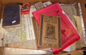 Box of assorted ephemera including aircraft photo prints and plans, Max Beerbohms caricatures and