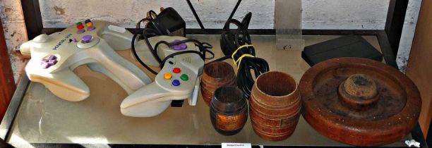 Treen turned teak barrels made from wood of H.M.S Iron Duke, H.M.S Ganges and an H.M.S Valiant