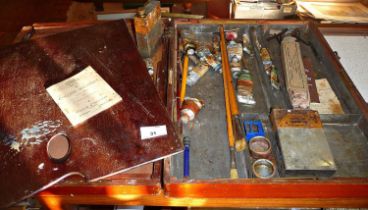 Early Windsor and Newton oils plein air mahogany paint box and contents with palette